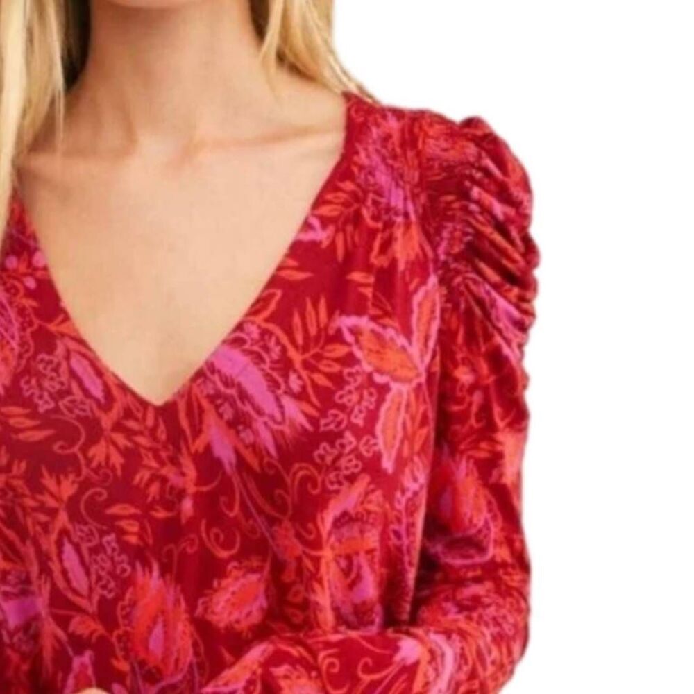 Free People Hello Lover Floral Mini Dress XS Red Puff Sleeve Keyhole Back - Picture 2 of 11